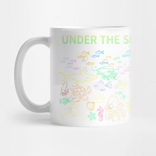 under the sea,blue sea,sea creatures,Turtle, puffer fish, starfish, shrimp, shark, tropical fish, sea horse, seaweed, sardines, squid, crabs, clams Mug